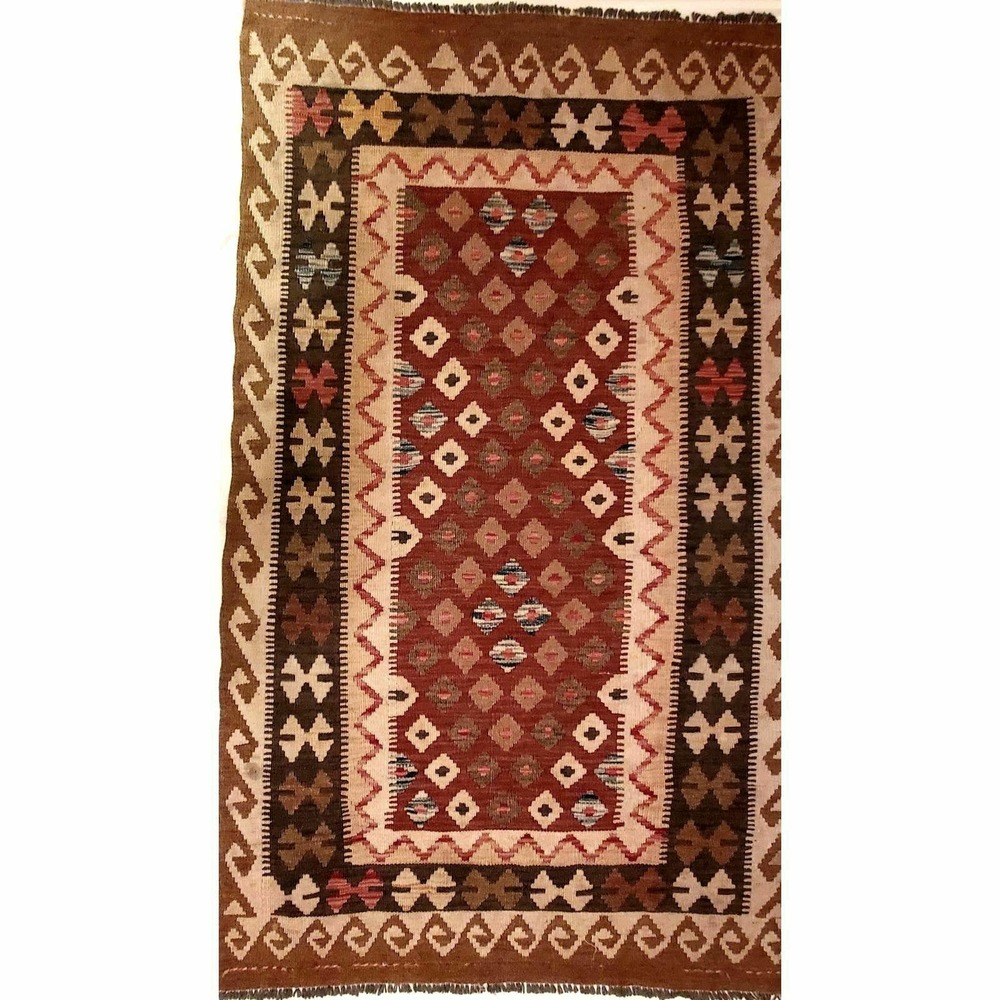 Half Off Rare Kilim Flat-Woven Area Rug Mid-Century Geometric Wool Carpet ±3'x5'